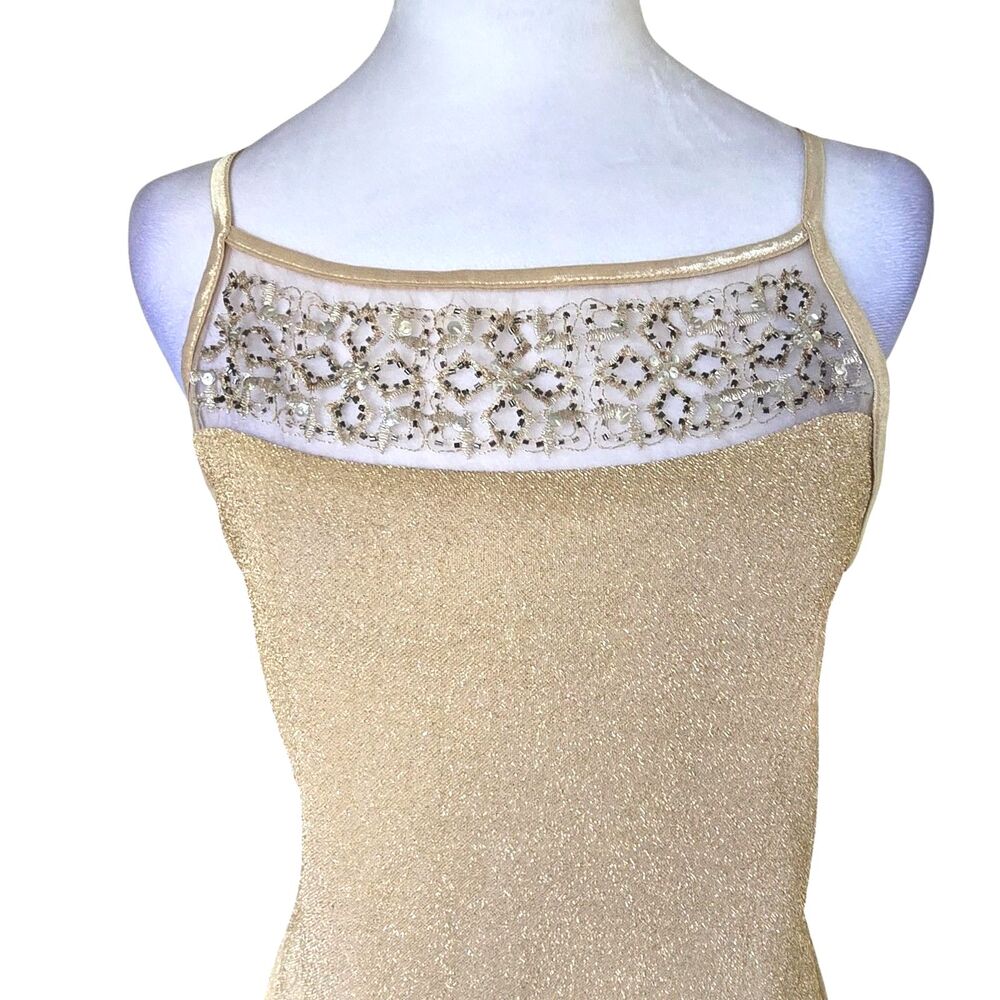 VTG Roberta Gold Glitter Beaded Mesh Slip Dress Y2K Formal 90s Maxi L Homecoming - Picture 3 of 7